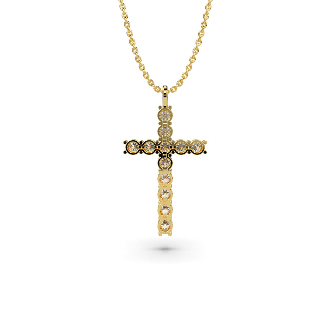 Back view of yellow gold diamond cross pendant showing the rear structure and craftsmanship 