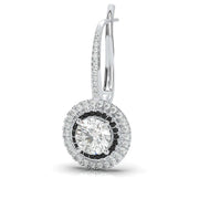 Angled view of hanging double halo natural diamond earring in white gold, upright position, black and white halo diamonds