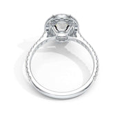 Lab-grown oval halo diamond engagement ring in white gold, back view

